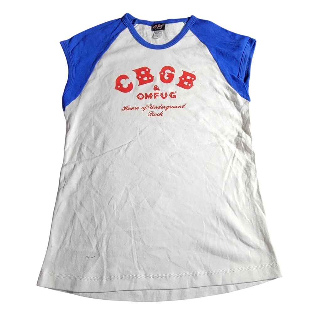 CBGB OMFUG Graphic Muscle Tee White Blue Punk Rock Band Shirt Made in USA Large